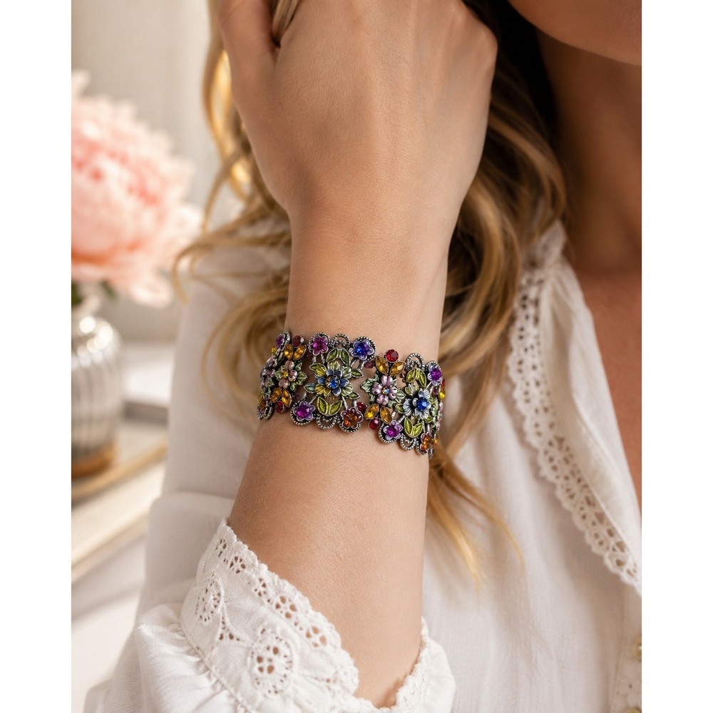 Floral Rhinestone Stretch Bracelet Silver Tone Enamel Crystal Wide Statement